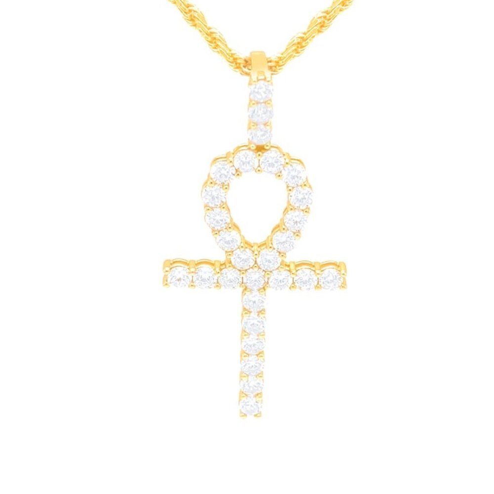 14K Gold Finish Diamond Ankh Pendant & Rope Chain